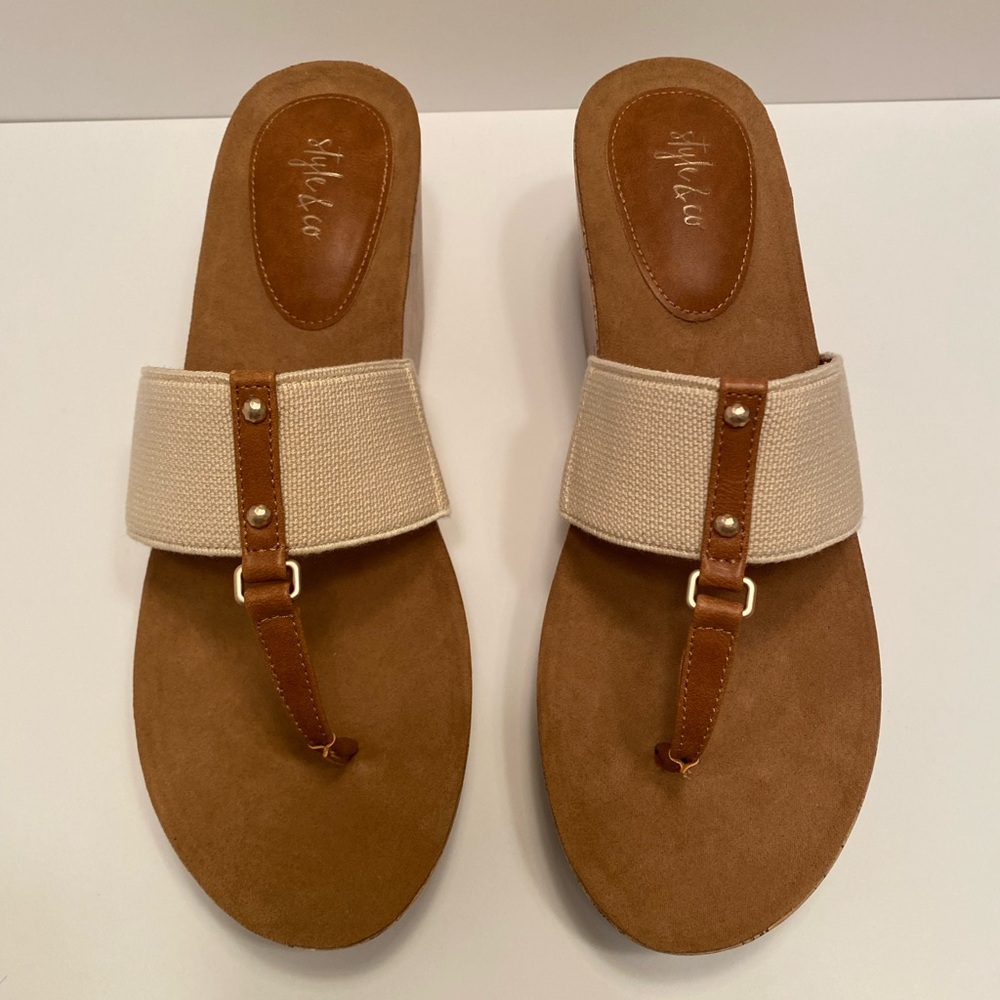 Style & Co Tan and Cream Slip-On Wedge Sandals - size 9 1/2